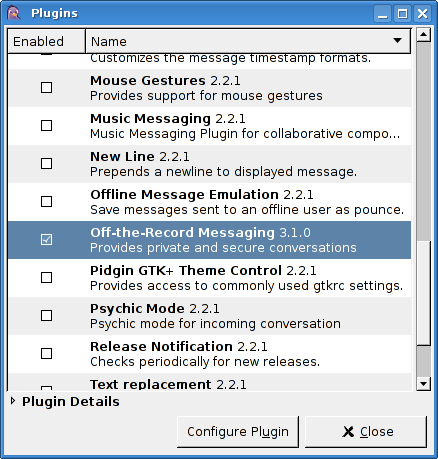 enabling the OTR plugin