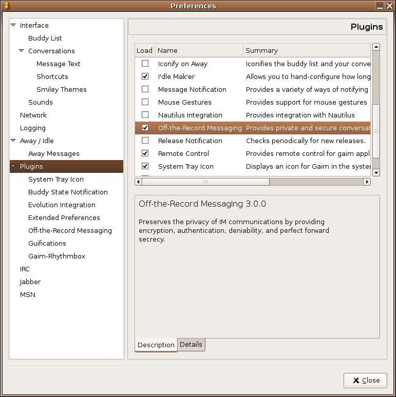 enabling the OTR plugin